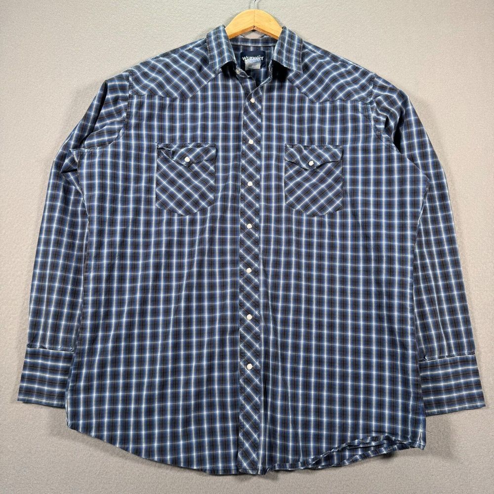 Vintage Wrangler Pearl Snap Shirt Mens 2XL Blue Cowboy Rodeo Rancher‎ Country